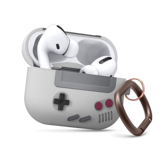 Case mit Karabiner Kompatibel mit AirPods Pro Hülle Ladecase - Design in der klassischen Handheld-Spielekonsole Schutzhülle(Grey