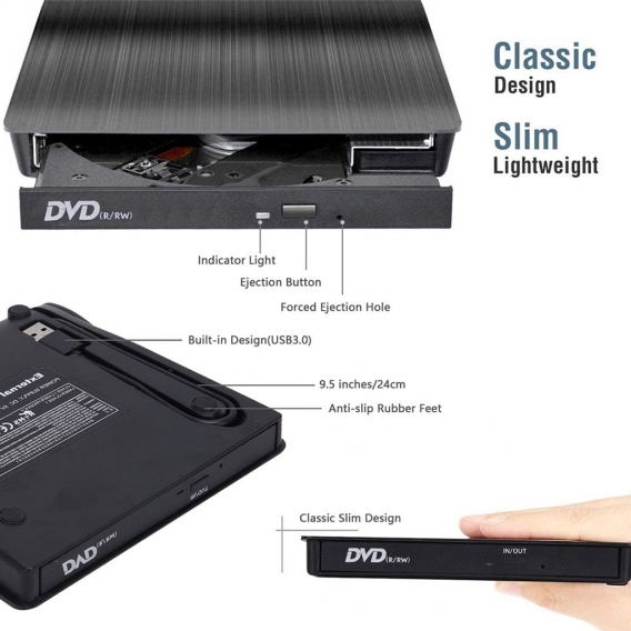 Externes CD-DVD-Laufwerk, USB 3.0 & Typ C Externer DVD-CD-Player, Plug & Play-Brenner Hochgeschwindigkeits-Datenübertragungs-DVD